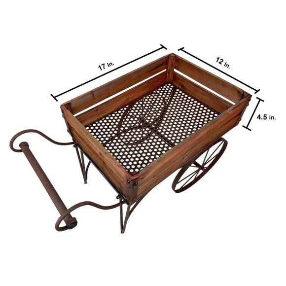 Rustic Wood And Metal Wagon Cart Style Plant Stand 24.25 Inches Long - Picture 4 of 8